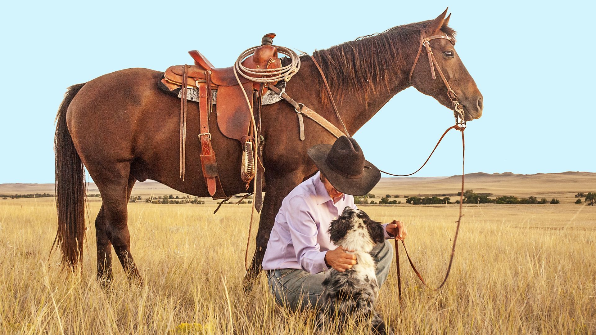 A person in a cowboy hat kneels in a field, petting a dog and holding the reins of a saddled horse standing nearby. This serene moment captures the essence of life on a recreational ranch, set against a vast, open landscape with a clear blue sky.